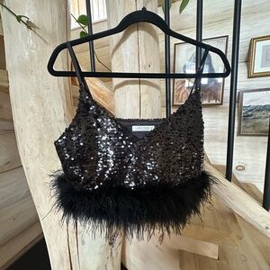 12th Tribe Black Sequin Camisole Top with Feather Trim - Medium